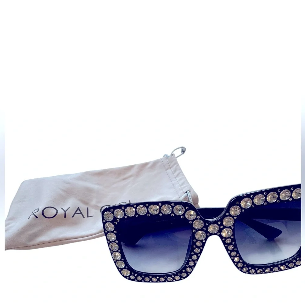 Oversized square rhinestone studded sunglasses. By Royal Girl Eyewear. EUC